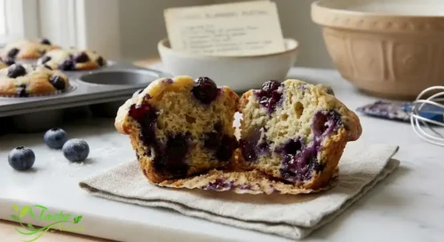 A blueberry muffin split open showing a moist, tender crumb