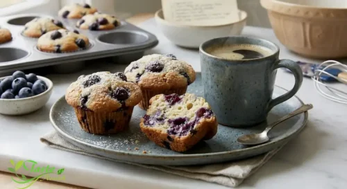 Blueberry muffins served with coffee for breakfast