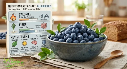 Nutrition facts chart showing calories, fiber, and vitamins in one cup of blueberries