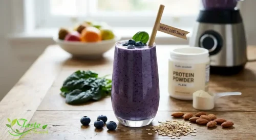 Blueberry smoothie with spinach and protein powder as a weight loss snack