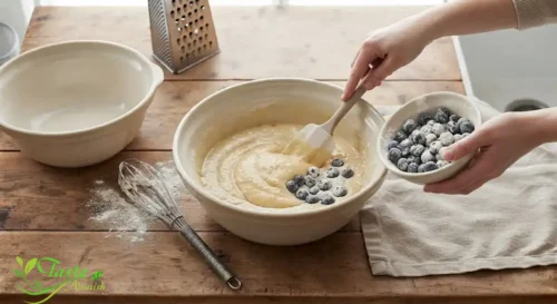 Blueberry zucchini bread batter with fresh blueberries poured 