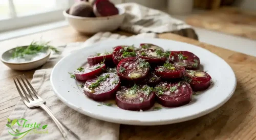 Sliced boiled beets recipe topped with butter, salt, and fresh dill
