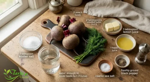 Ingredients for an easy boiled beet recipe whole beets, butter, lemon, salt, and pepper