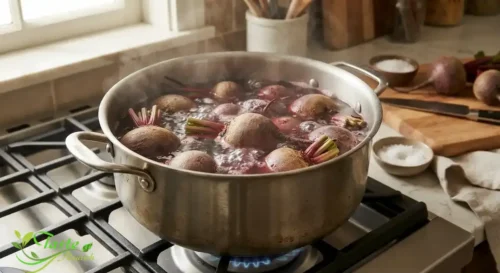 Whole unpeeled beets simmering in a pot of water for a simple boiled beets side dish
