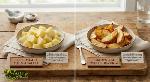 Boiled potato cubes next to baked potato wedges illustrating how cooking method affects glycemic index