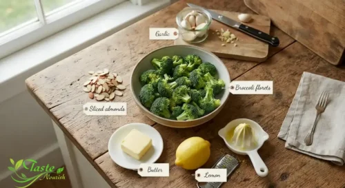 Ingredients for broccoli with toasted almonds broccoli florets, butter, sliced almonds, lemon, garlic