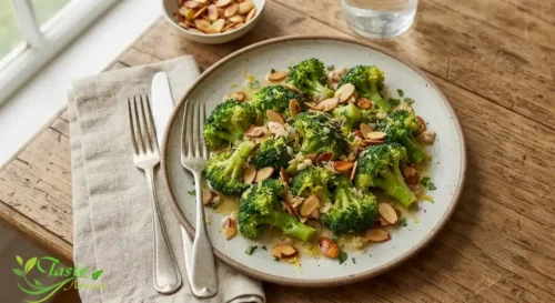 Overhead shot of classic broccoli almondine recipe garnished with lemon zest