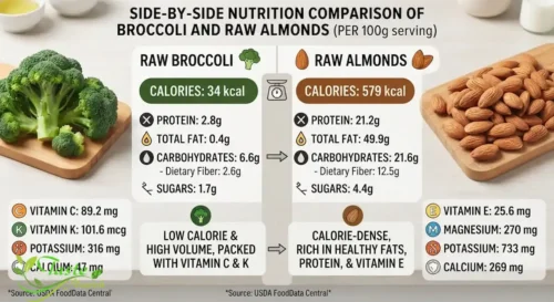 Side-by-side nutrition comparison of raw broccoli and raw almonds