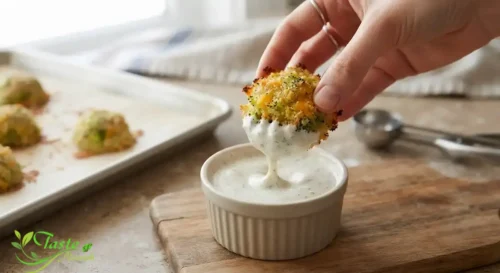 Broccoli bite being dipped into ranch sauce