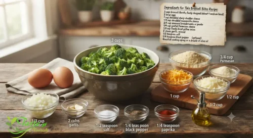Ingredients for a broccoli bites recipe including broccoli, eggs, and cheese