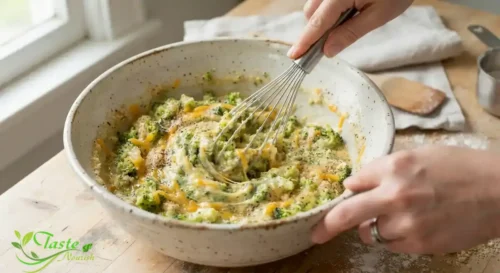 Broccoli, cheese, and egg mixture being stirred in a bowl