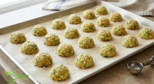 Broccoli bite mounds shaped on a parchment-lined baking sheet