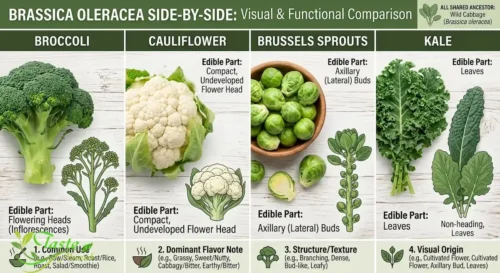 Side-by-side comparison of broccoli, cauliflower, Brussels sprouts, and kale