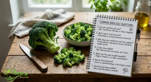 Whole and chopped broccoli next to a notepad, illustrating common broccoli questions