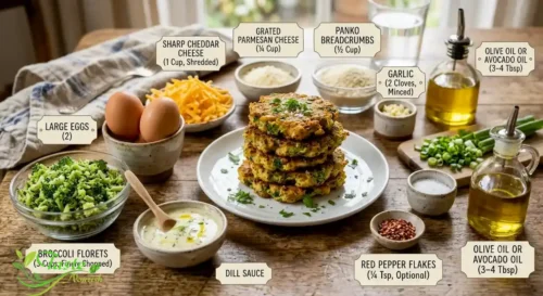 Ingredients for a broccoli fritters recipe including broccoli, eggs, cheddar cheese, and breadcrumbs