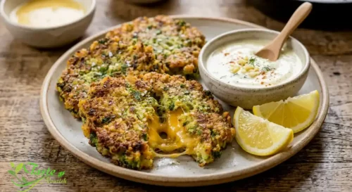 Broccoli fritters served with garlic yogurt dipping sauce and lemon wedges