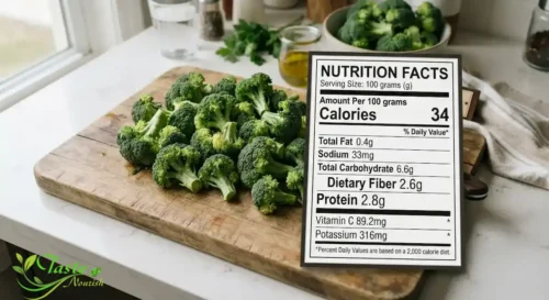 Broccoli nutrition facts chart showing calories, fiber, and protein per 100 grams