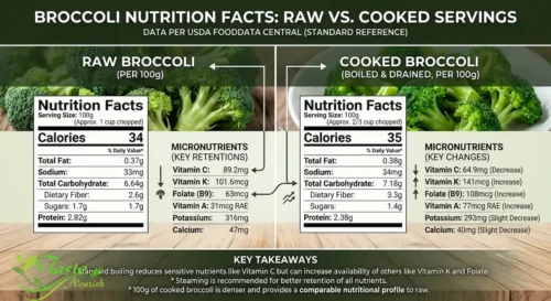 Broccoli nutrition facts comparing raw and cooked servings per