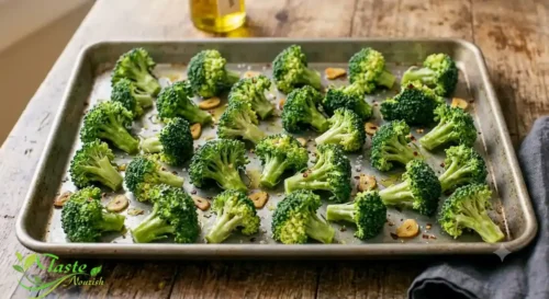 Broccoli florets arranged in a single layer on a sheet pan before roasting