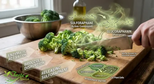Chopped broccoli releasing sulforaphane, the compound linked to broccoli health benefits