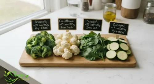 Broccoli next to cauliflower, spinach, and zucchini for a low calorie vegetable comparison