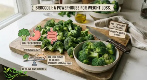 Bowl of steamed broccoli illustrating broccoli weight loss benefits like fiber and low calorie density
