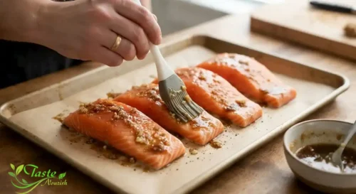 Brushing brown sugar glaze onto raw salmon fillets before baking