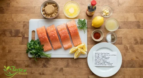 Ingredients for brown sugar salmon recipe, including salmon fillets, brown sugar, butter, soy sauce, garlic, and lemon