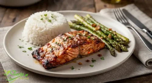 Plated brown sugar salmon served with steamed rice and roasted asparagus