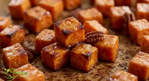 caramelized brown sugar roasted sweet potato cubes with golden edges