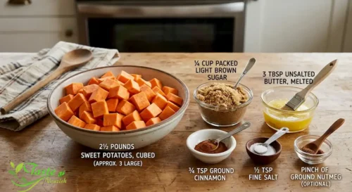 Ingredients for brown sugar sweet potatoes recipe including cubed sweet potato, brown sugar, butter, and cinnamon