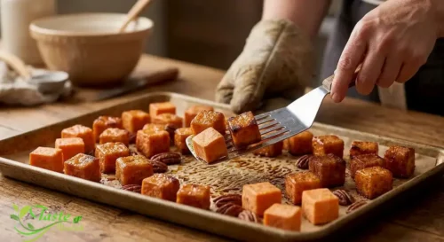 Flipping brown sugar sweet potatoes halfway through roasting