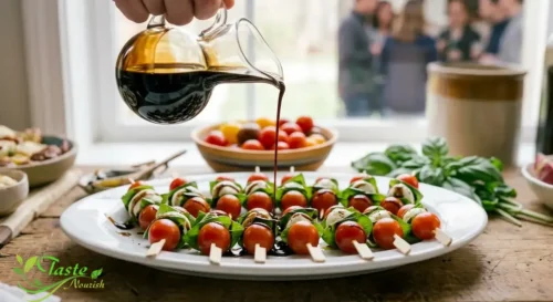 Balsamic glaze being drizzled over assembled Caprese skewers