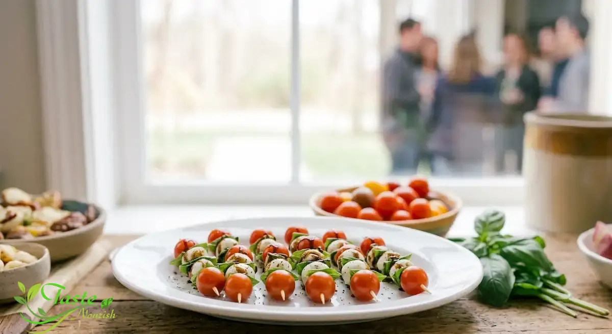 No-Cook Caprese Skewers Recipe (Ready in 10 Minutes) Caprese skewers with cherry tomatoes, mozzarella, and basil on a white platter