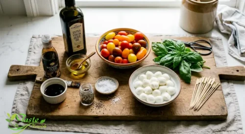 Ingredients for Caprese skewers laid out mozzarella, cherry tomatoes, basil, olive oil, balsamic glaze