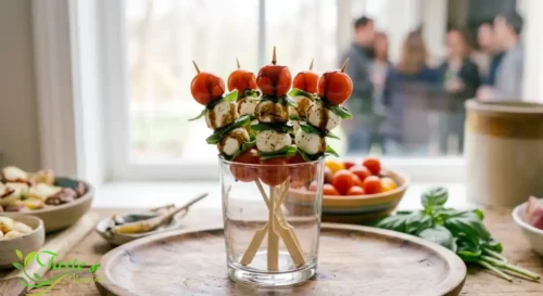 Caprese skewers arranged upright in a glass for a party appetizer platter