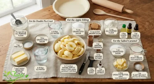 Ingredients for an easy caramel apple pie recipe, including apples, butter, and cinnamon