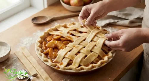 Weaving a lattice crust over spiced apple filling for a caramel apple pie