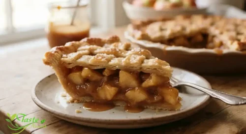 Slice of caramel apple pie recipe showing spiced apple filling and caramel sauce