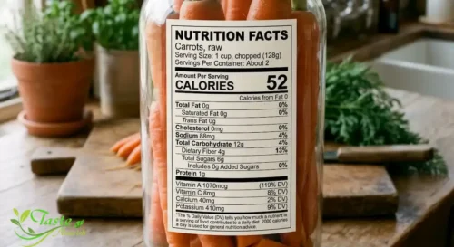 Nutrition facts label showing calories in carrots per cup