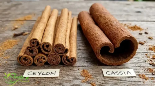 Health Benefits of Cinnamon: Ceylon cinnamon sticks next to cassia cinnamon sticks showing color and texture difference