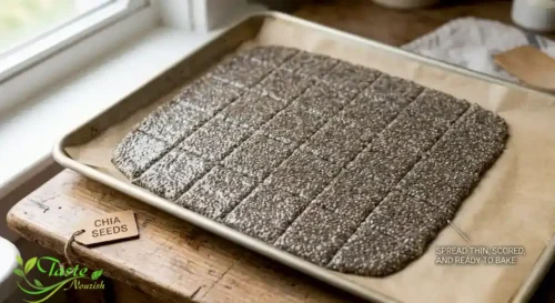 Chia cracker dough spread thin and scored on a lined sheet pan