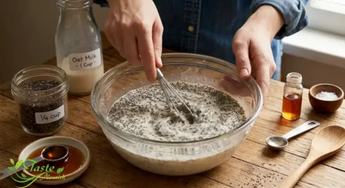 Whisking chia seeds into milk for overnight chia pudding recipe