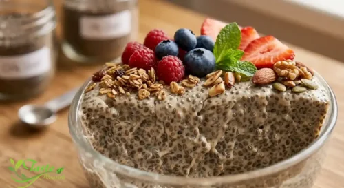 Chia pudding topped with fruit, granola, and nuts