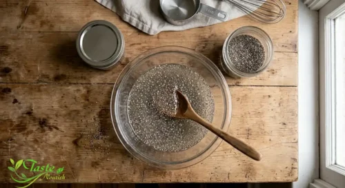 Soaked chia seed gel in a glass bowl for chia seed bread recipe