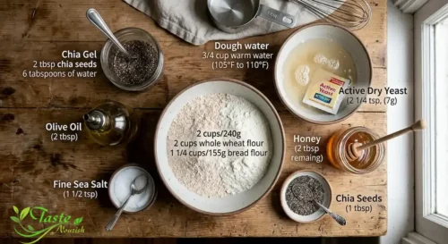 Ingredients for whole wheat chia bread recipe including flour, yeast, honey, and chia seeds