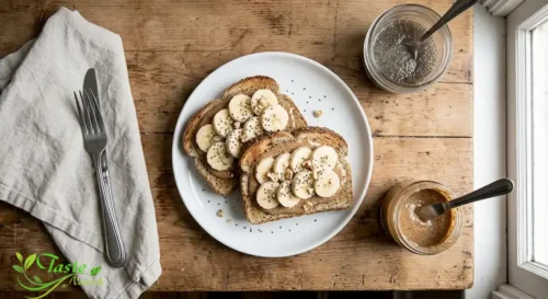 Toasted chia seed sandwich bread with nut butter and banana
