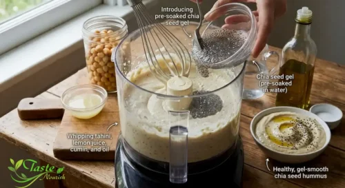 Soaked chia seed gel used in healthy hummus with chia seeds