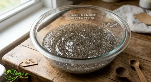 Chia seed gel mixture in a glass mixing bowl