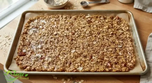 Chia seed granola pressed onto a baking sheet before baking